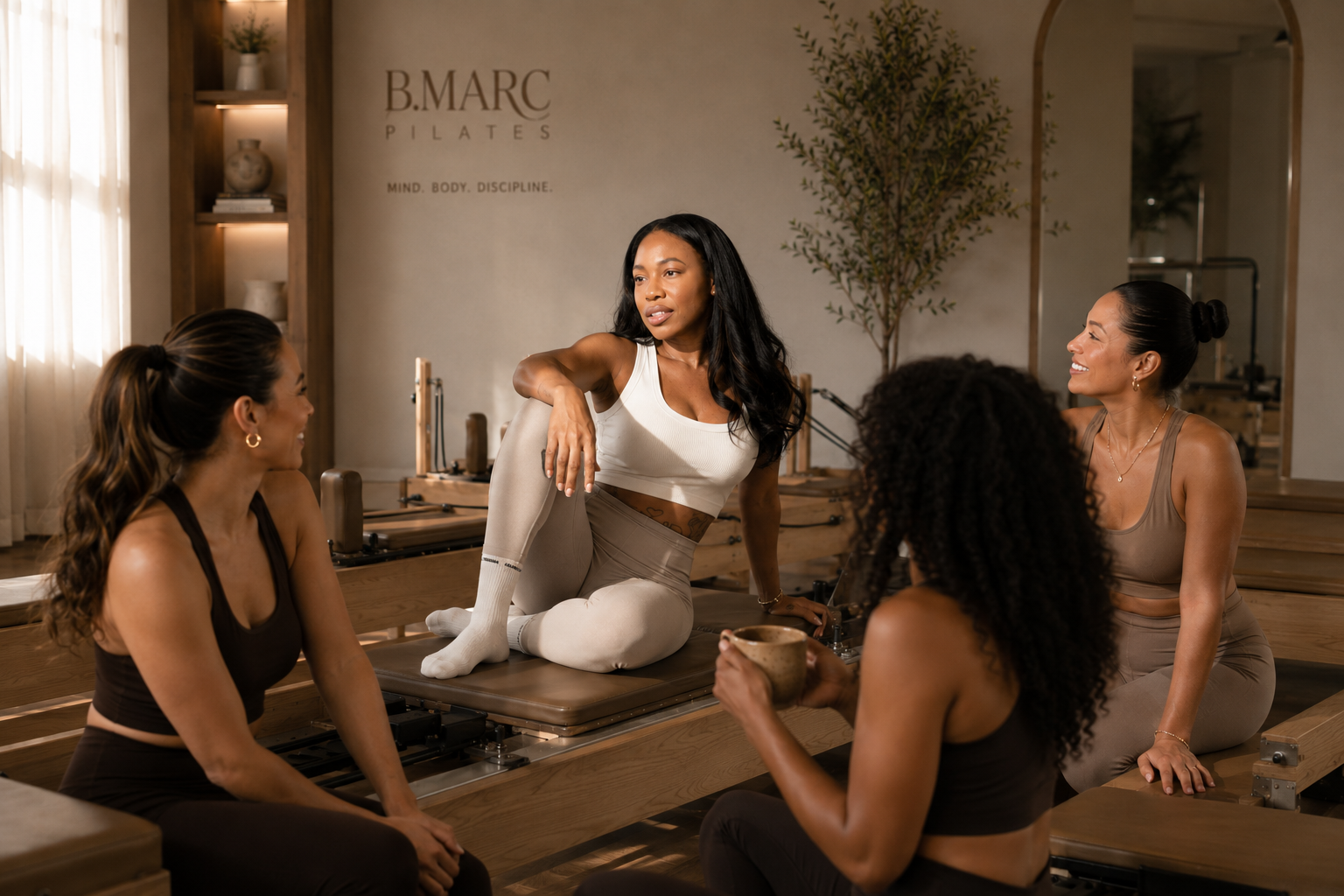 Live community Pilates class with members gathered around a reformer